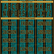 Load image into Gallery viewer, Custom Teal Black-Old Gold Stripe Line Sublimation Soccer Uniform Jersey