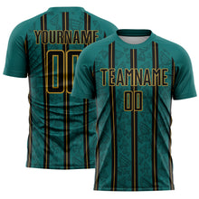 Load image into Gallery viewer, Custom Teal Black-Old Gold Stripe Line Sublimation Soccer Uniform Jersey