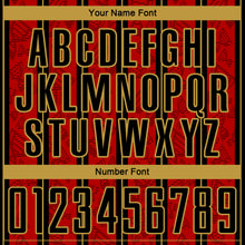 Laden Sie das Bild in den Galerie-Viewer, Custom Red Black-Old Gold Stripe Line Sublimation Soccer Uniform Jersey