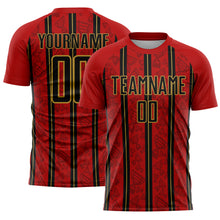 Laden Sie das Bild in den Galerie-Viewer, Custom Red Black-Old Gold Stripe Line Sublimation Soccer Uniform Jersey