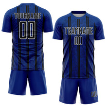 Load image into Gallery viewer, Custom Royal Black-White Stripe Line Sublimation Soccer Uniform Jersey