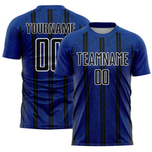 Load image into Gallery viewer, Custom Royal Black-White Stripe Line Sublimation Soccer Uniform Jersey