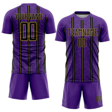 Load image into Gallery viewer, Custom Purple Black-Old Gold Stripe Line Sublimation Soccer Uniform Jersey
