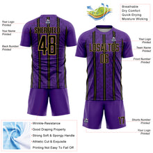 Load image into Gallery viewer, Custom Purple Black-Old Gold Stripe Line Sublimation Soccer Uniform Jersey