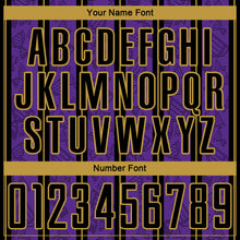 Load image into Gallery viewer, Custom Purple Black-Old Gold Stripe Line Sublimation Soccer Uniform Jersey