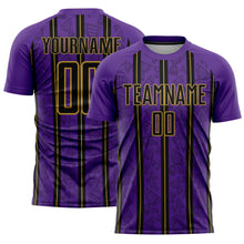 Load image into Gallery viewer, Custom Purple Black-Old Gold Stripe Line Sublimation Soccer Uniform Jersey