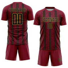 Загрузить изображение в средство просмотра галереи, Custom Crimson Black-Old Gold Stripe Line Sublimation Soccer Uniform Jersey