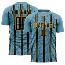 Charger l'image dans la galerie, Custom Shadow Blue Black-Old Gold Stripe Line Sublimation Soccer Uniform Jersey