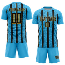 Load image into Gallery viewer, Custom Sky Blue Black-Old Gold Stripe Line Sublimation Soccer Uniform Jersey