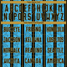 Load image into Gallery viewer, Custom Sky Blue Black-Old Gold Stripe Line Sublimation Soccer Uniform Jersey