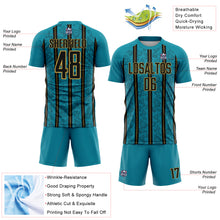 Load image into Gallery viewer, Custom Teal Black-Old Gold Stripe Line Sublimation Soccer Uniform Jersey