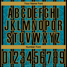 Load image into Gallery viewer, Custom Teal Black-Old Gold Stripe Line Sublimation Soccer Uniform Jersey