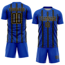 Laden Sie das Bild in den Galerie-Viewer, Custom Thunder Blue Black-Old Gold Stripe Line Sublimation Soccer Uniform Jersey