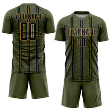 Загрузить изображение в средство просмотра галереи, Custom Olive Black-Old Gold Stripe Line Sublimation Salute To Service Soccer Uniform Jersey