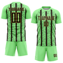Laden Sie das Bild in den Galerie-Viewer, Custom Pea Green Black-Old Gold Stripe Line Sublimation Soccer Uniform Jersey