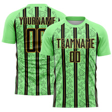 Laden Sie das Bild in den Galerie-Viewer, Custom Pea Green Black-Old Gold Stripe Line Sublimation Soccer Uniform Jersey