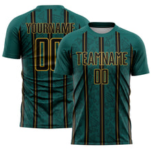 Charger l'image dans la galerie, Custom Midnight Green Black-Old Gold Stripe Line Sublimation Soccer Uniform Jersey