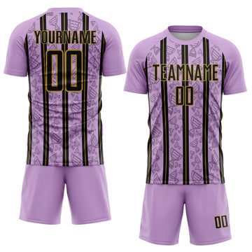 Custom Light Purple Black-Old Gold Stripe Line Sublimation Soccer Uniform Jersey