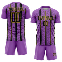 Load image into Gallery viewer, Custom Medium Purple Black-Old Gold Stripe Line Sublimation Soccer Uniform Jersey