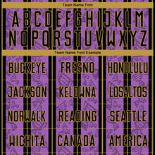 Load image into Gallery viewer, Custom Medium Purple Black-Old Gold Stripe Line Sublimation Soccer Uniform Jersey