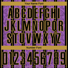 Load image into Gallery viewer, Custom Medium Purple Black-Old Gold Stripe Line Sublimation Soccer Uniform Jersey