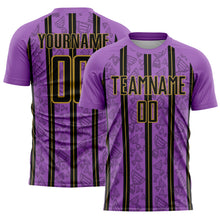Load image into Gallery viewer, Custom Medium Purple Black-Old Gold Stripe Line Sublimation Soccer Uniform Jersey