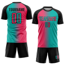 Load image into Gallery viewer, Custom Aqua Neon Pink-Black Sublimation Gradient Fashion Soccer Uniform Jersey