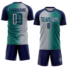 Load image into Gallery viewer, Custom Teal Gray-Navy Sublimation Gradient Fashion Soccer Uniform Jersey