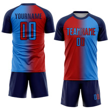 Laden Sie das Bild in den Galerie-Viewer, Custom Powder Blue Red-Navy Sublimation Gradient Fashion Soccer Uniform Jersey