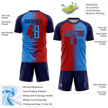 Laden Sie das Bild in den Galerie-Viewer, Custom Powder Blue Red-Navy Sublimation Gradient Fashion Soccer Uniform Jersey