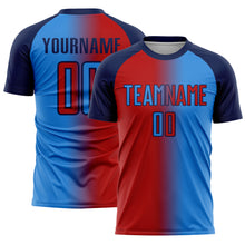 Laden Sie das Bild in den Galerie-Viewer, Custom Powder Blue Red-Navy Sublimation Gradient Fashion Soccer Uniform Jersey