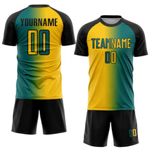 Load image into Gallery viewer, Custom Teal Yellow-Black Sublimation Gradient Fashion Soccer Uniform Jersey