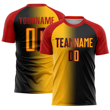 Custom Black Gold-Red Sublimation Gradient Fashion Soccer Uniform Jersey