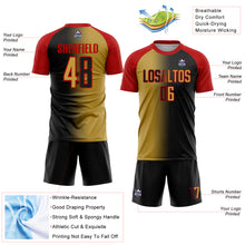 Laden Sie das Bild in den Galerie-Viewer, Custom Black Old Gold-Red Sublimation Gradient Fashion Soccer Uniform Jersey