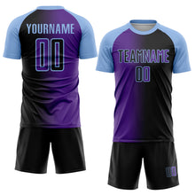 Load image into Gallery viewer, Custom Black Purple-Light Blue Sublimation Gradient Fashion Soccer Uniform Jersey