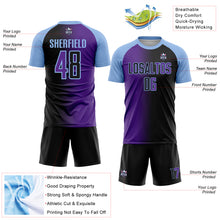 Load image into Gallery viewer, Custom Black Purple-Light Blue Sublimation Gradient Fashion Soccer Uniform Jersey