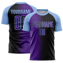 Load image into Gallery viewer, Custom Black Purple-Light Blue Sublimation Gradient Fashion Soccer Uniform Jersey