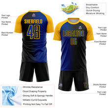 Laden Sie das Bild in den Galerie-Viewer, Custom Black Royal-Gold Sublimation Gradient Fashion Soccer Uniform Jersey