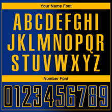 Laden Sie das Bild in den Galerie-Viewer, Custom Black Royal-Gold Sublimation Gradient Fashion Soccer Uniform Jersey