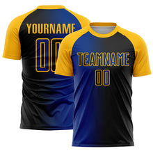 Laden Sie das Bild in den Galerie-Viewer, Custom Black Royal-Gold Sublimation Gradient Fashion Soccer Uniform Jersey