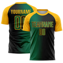 Laden Sie das Bild in den Galerie-Viewer, Custom Black Kelly Green-Gold Sublimation Gradient Fashion Soccer Uniform Jersey