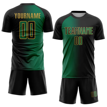 Custom Black Kelly Green-Old Gold Sublimation Gradient Fashion Soccer Uniform Jersey