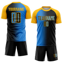 Laden Sie das Bild in den Galerie-Viewer, Custom Black Powder Blue-Gold Sublimation Gradient Fashion Soccer Uniform Jersey