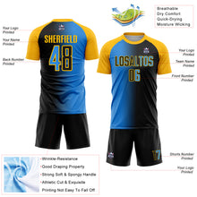 Laden Sie das Bild in den Galerie-Viewer, Custom Black Powder Blue-Gold Sublimation Gradient Fashion Soccer Uniform Jersey
