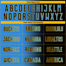 Laden Sie das Bild in den Galerie-Viewer, Custom Black Powder Blue-Gold Sublimation Gradient Fashion Soccer Uniform Jersey