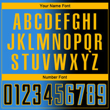 Laden Sie das Bild in den Galerie-Viewer, Custom Black Powder Blue-Gold Sublimation Gradient Fashion Soccer Uniform Jersey