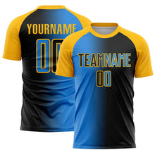 Laden Sie das Bild in den Galerie-Viewer, Custom Black Powder Blue-Gold Sublimation Gradient Fashion Soccer Uniform Jersey