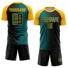 Laden Sie das Bild in den Galerie-Viewer, Custom Black Teal-Gold Sublimation Gradient Fashion Soccer Uniform Jersey
