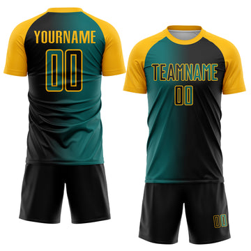 Custom Black Teal-Gold Sublimation Gradient Fashion Soccer Uniform Jersey