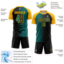 Laden Sie das Bild in den Galerie-Viewer, Custom Black Teal-Gold Sublimation Gradient Fashion Soccer Uniform Jersey